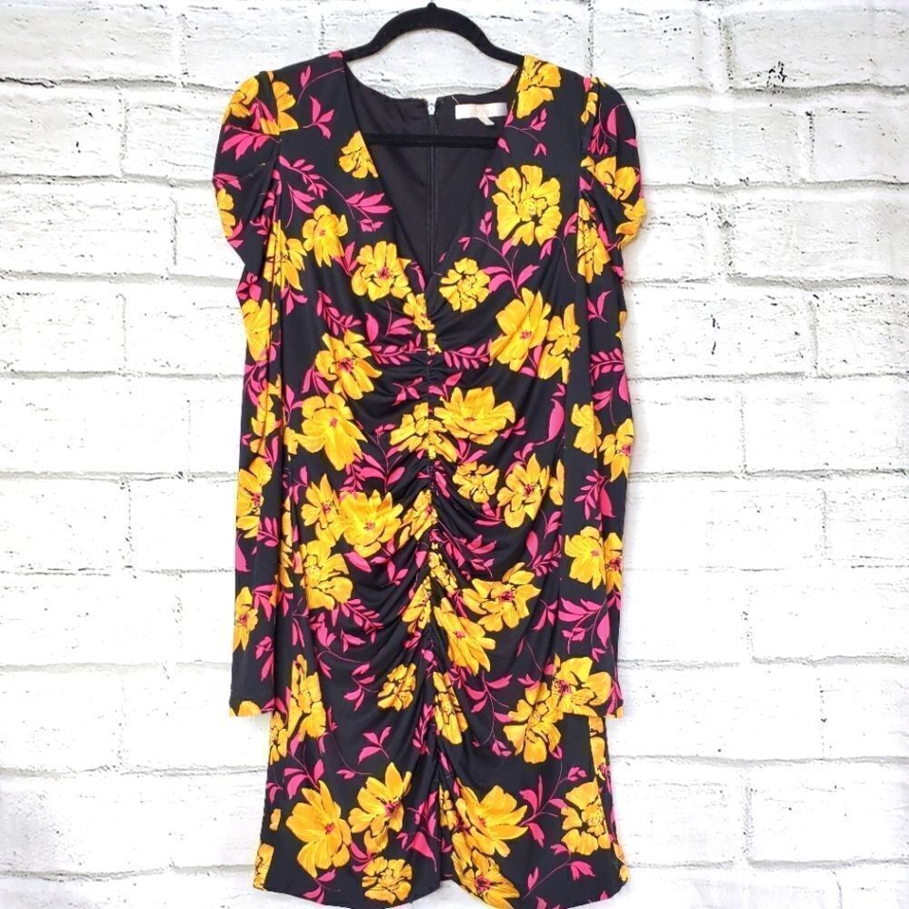 WAYF Fidella puff sleeve floral Ruched mini dress